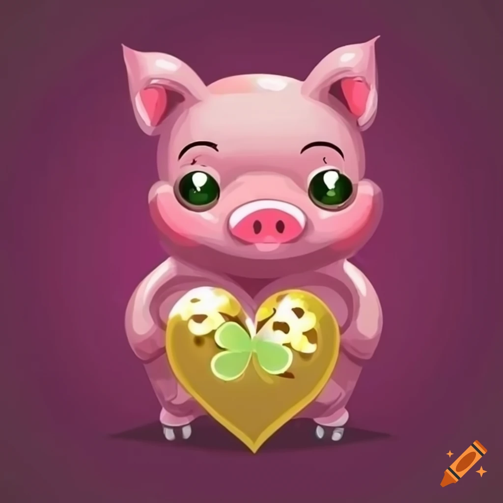 Adorable pink pig with heart-shaped eyes and a golden four-leaf clover