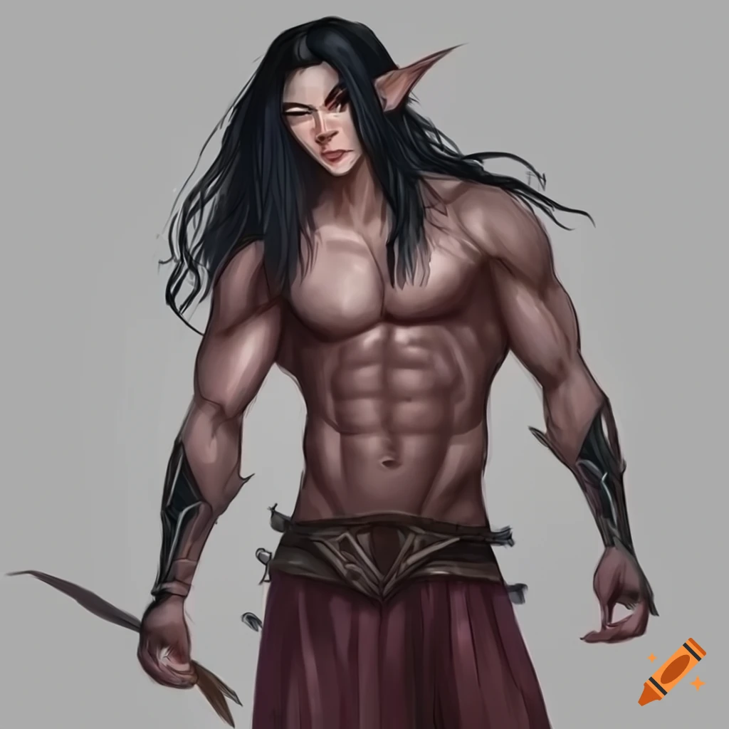 Tall handsome elf with long black hair and a muscular build on Craiyon