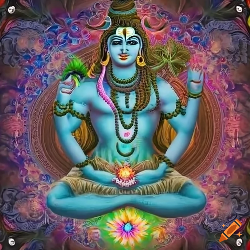 Lord shiva with vibrant flowers and hemp plant, symbol of the flower of