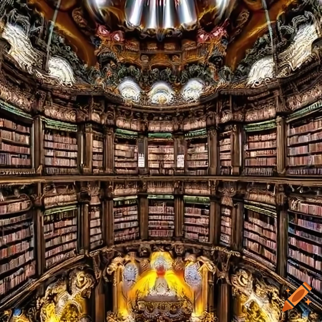 Enormous ornate library with concentric halls in a fractal dimension