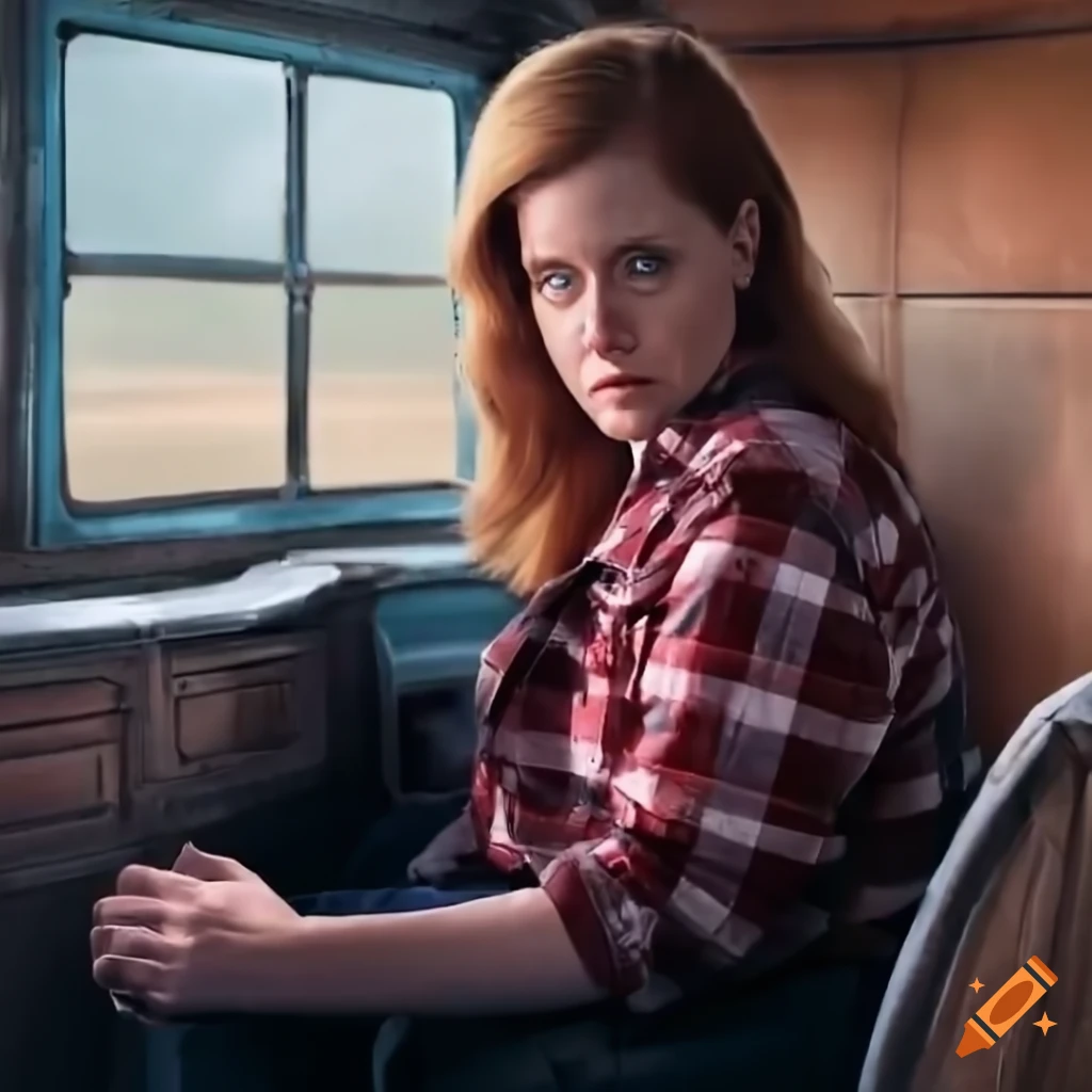Young actress in plaid shirt and black leather trousers sitting in caravan trailer