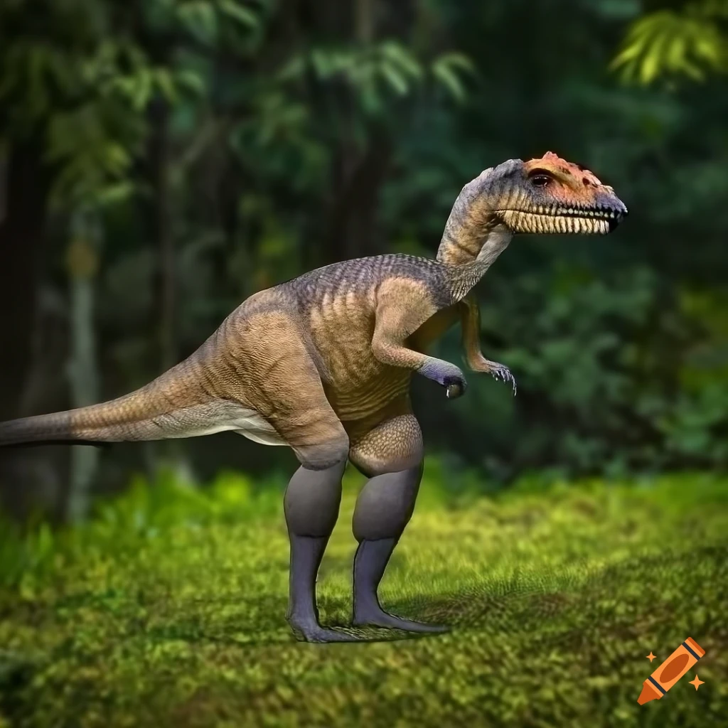 Feathered dinosaur with mottled pattern in morning undergrowth