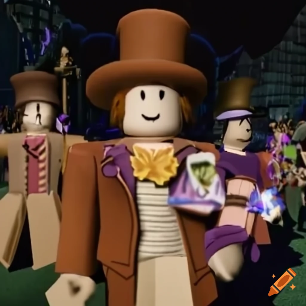 Roblox Willy Wonka in front of cheering fans with a cut ribbon