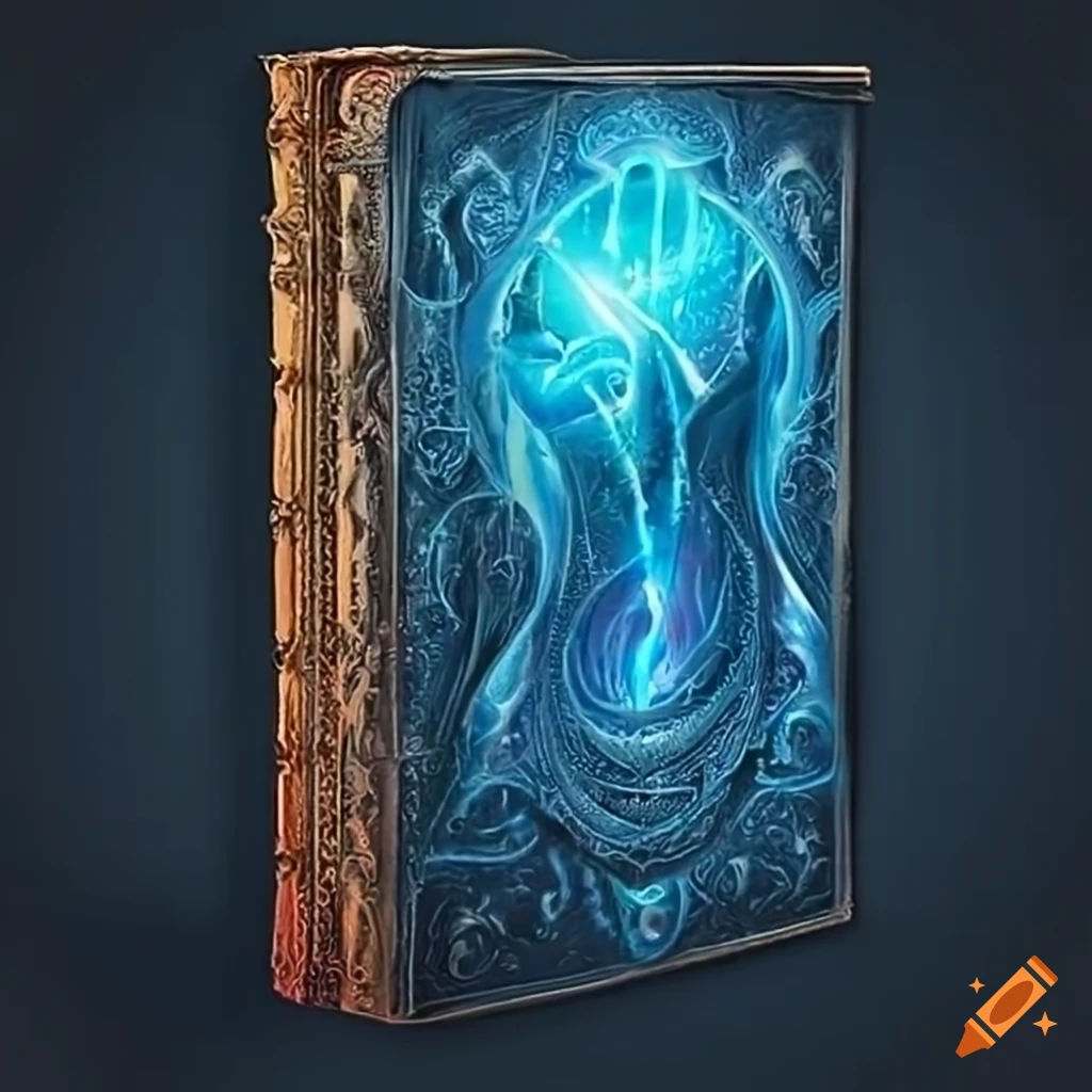 Fantasy magic tome book with blue glow on black background on Craiyon
