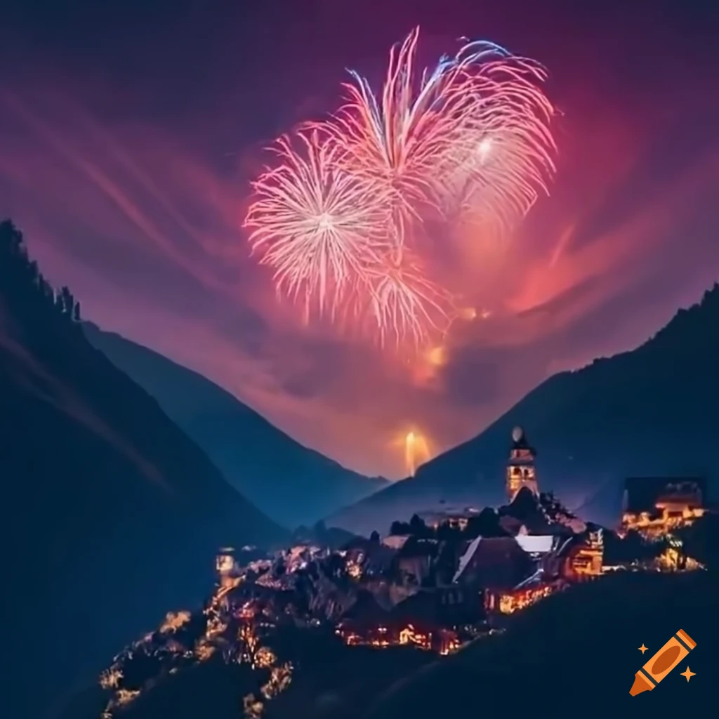 Mountain biker jumping into an alpine valley with a small village and