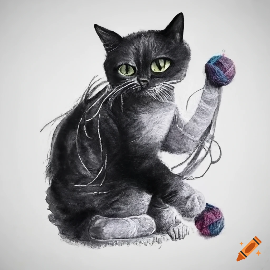 Black cat playing with yarn