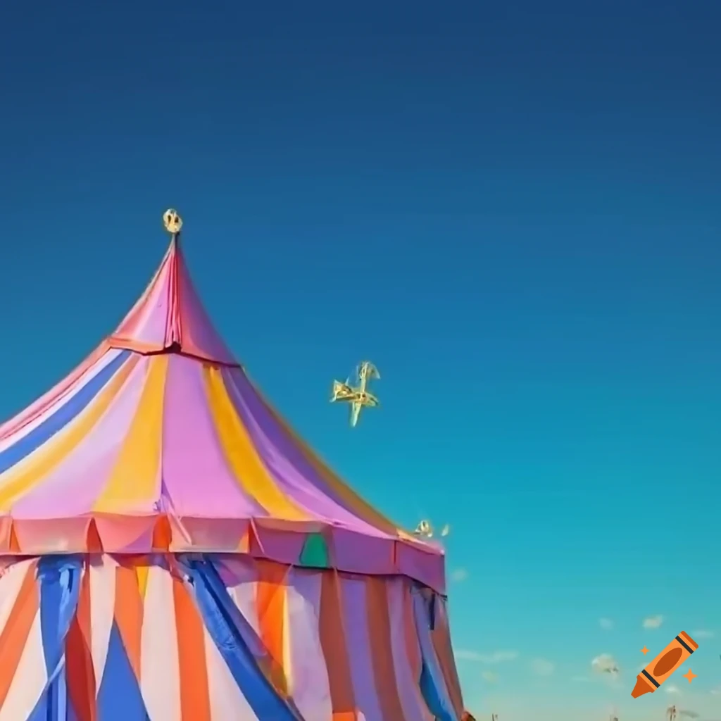 Colorful circus tent under rainbow skies in a soft pastel style