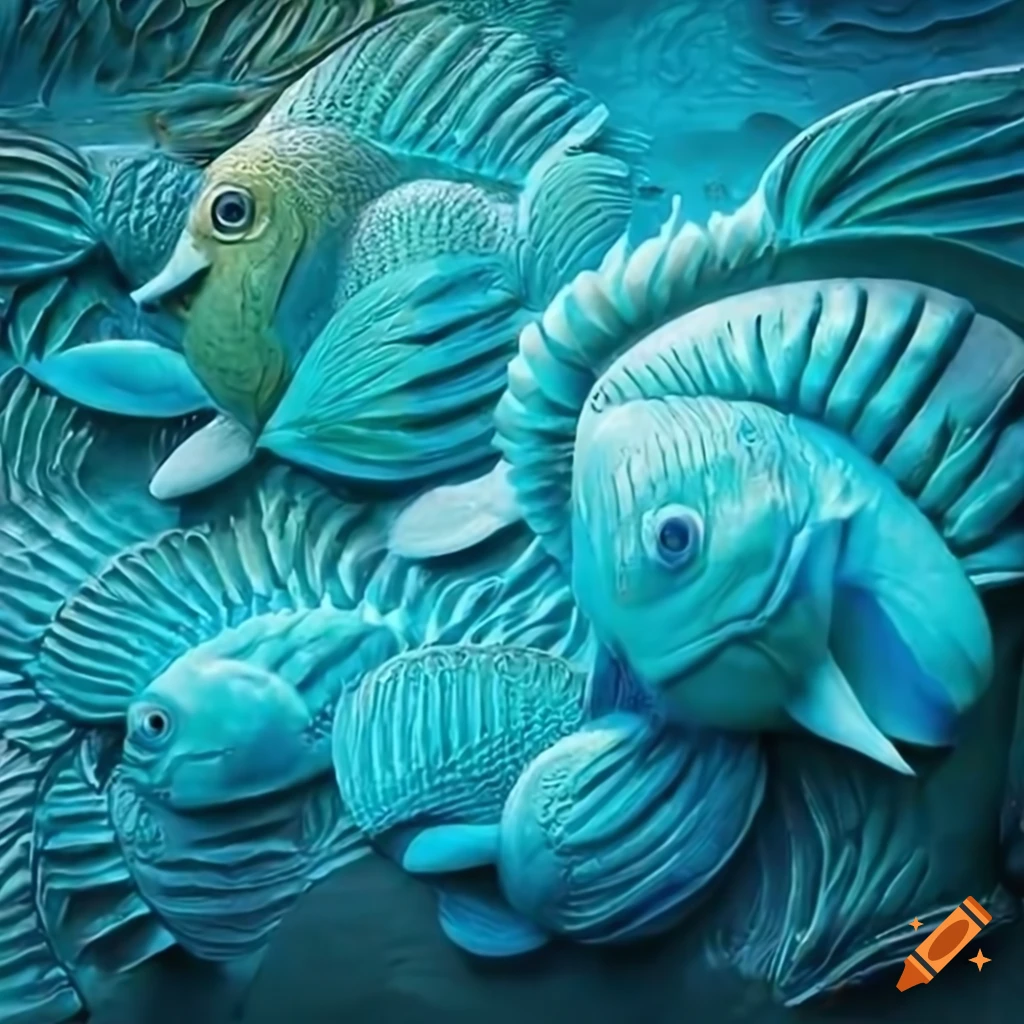 Extravagant turquoise fish sculpted on aqua art frieze on Craiyon