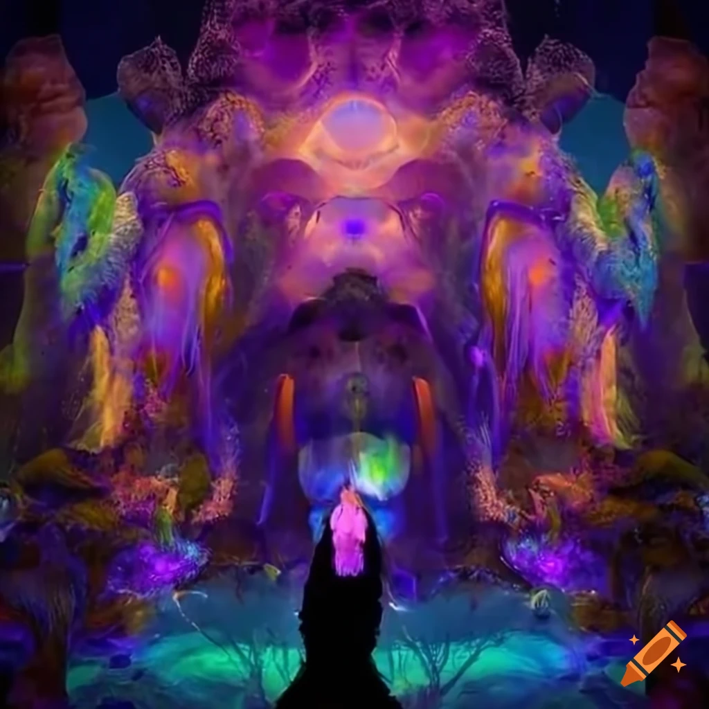Extraterrestrial realm with radiant rivers, mystical statues, and purple flora