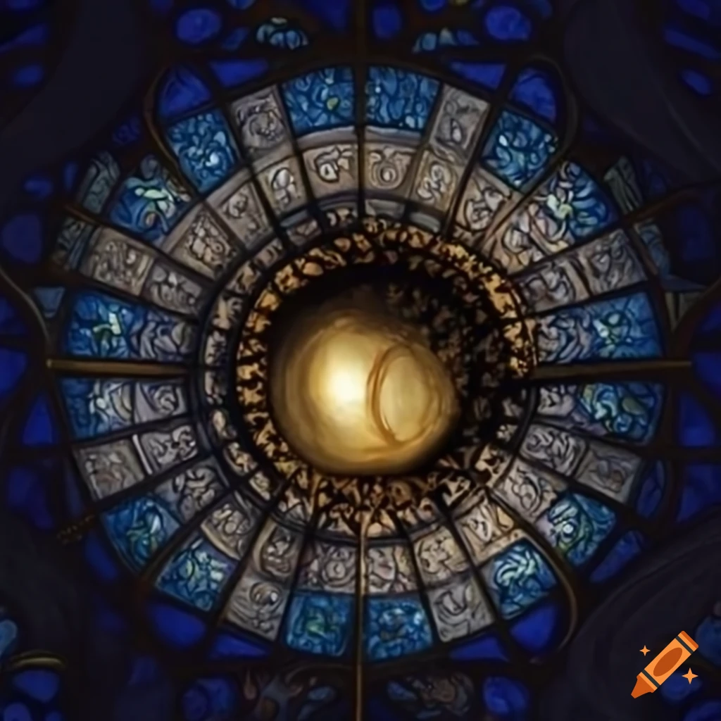 Medieval-style painting of a gold orb flying in a cathedral at night with starry windows