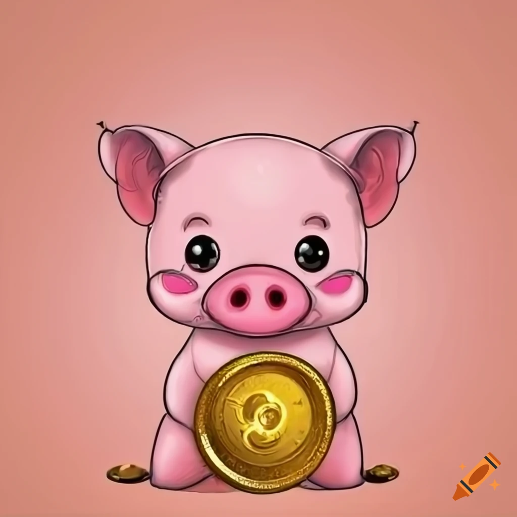 Adorable pink pig with heart-shaped eyes, gold coin, and green four-leaf clover