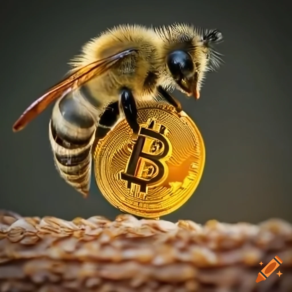 Bee carrying bitcoin in its legs on Craiyon