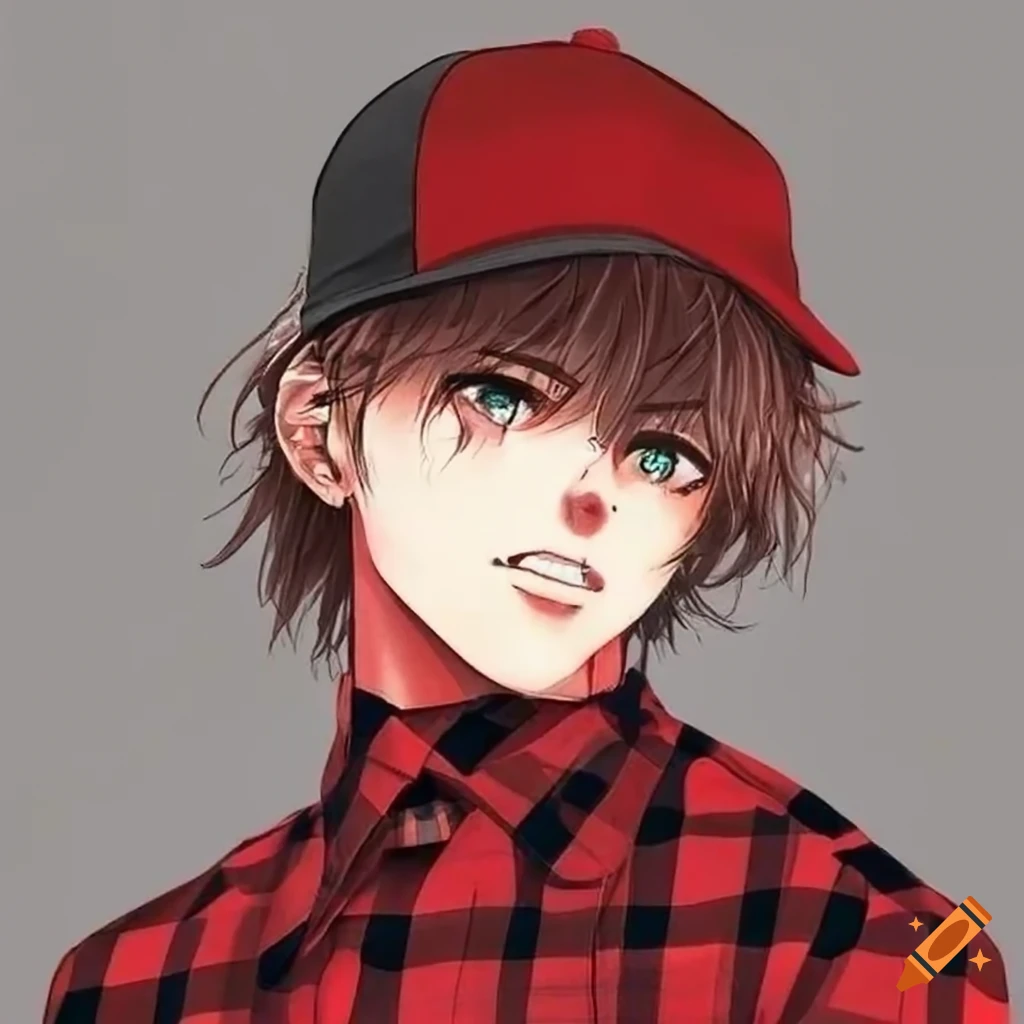 Tall guy with brown messy hair and baseball cap wearing a red plaid ...
