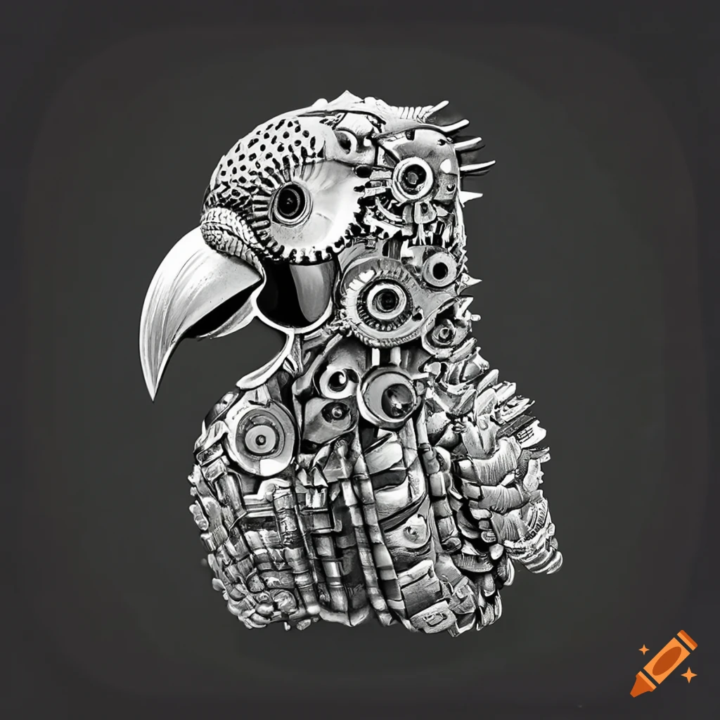 Mechanical parrot made of machine parts on Craiyon