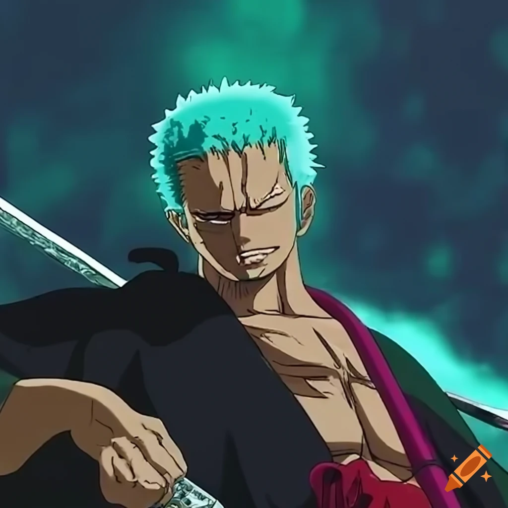 Zoro standing heroically with closed eyes and three swords under a