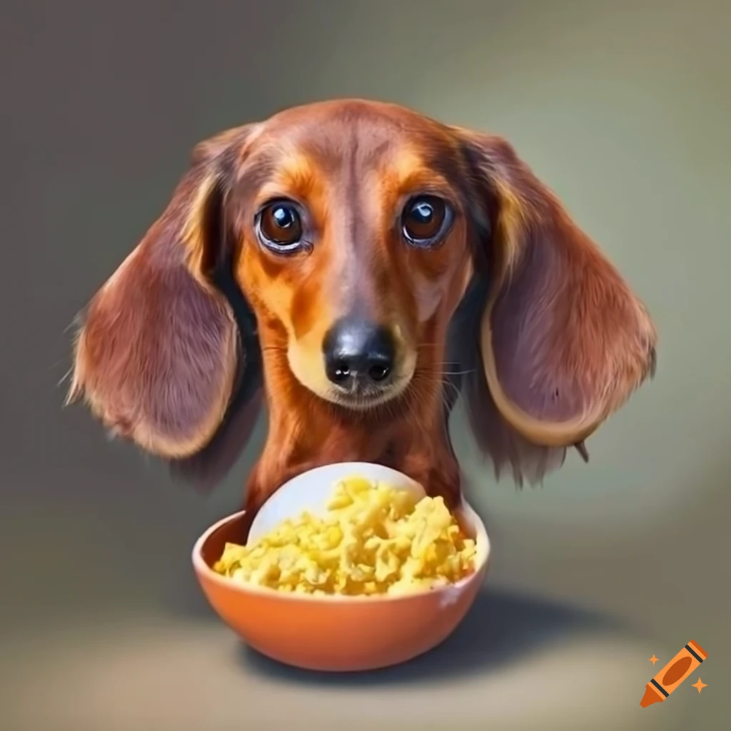 Realistic dachshund with long red fur eating a scrambled egg on Craiyon