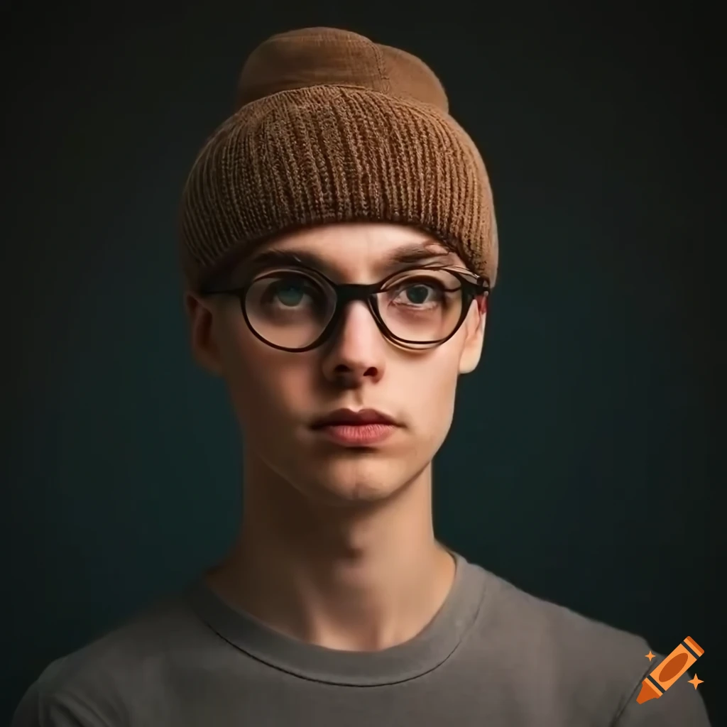 Quirky young adult with bobble hat, glasses, and calm smirk on Craiyon