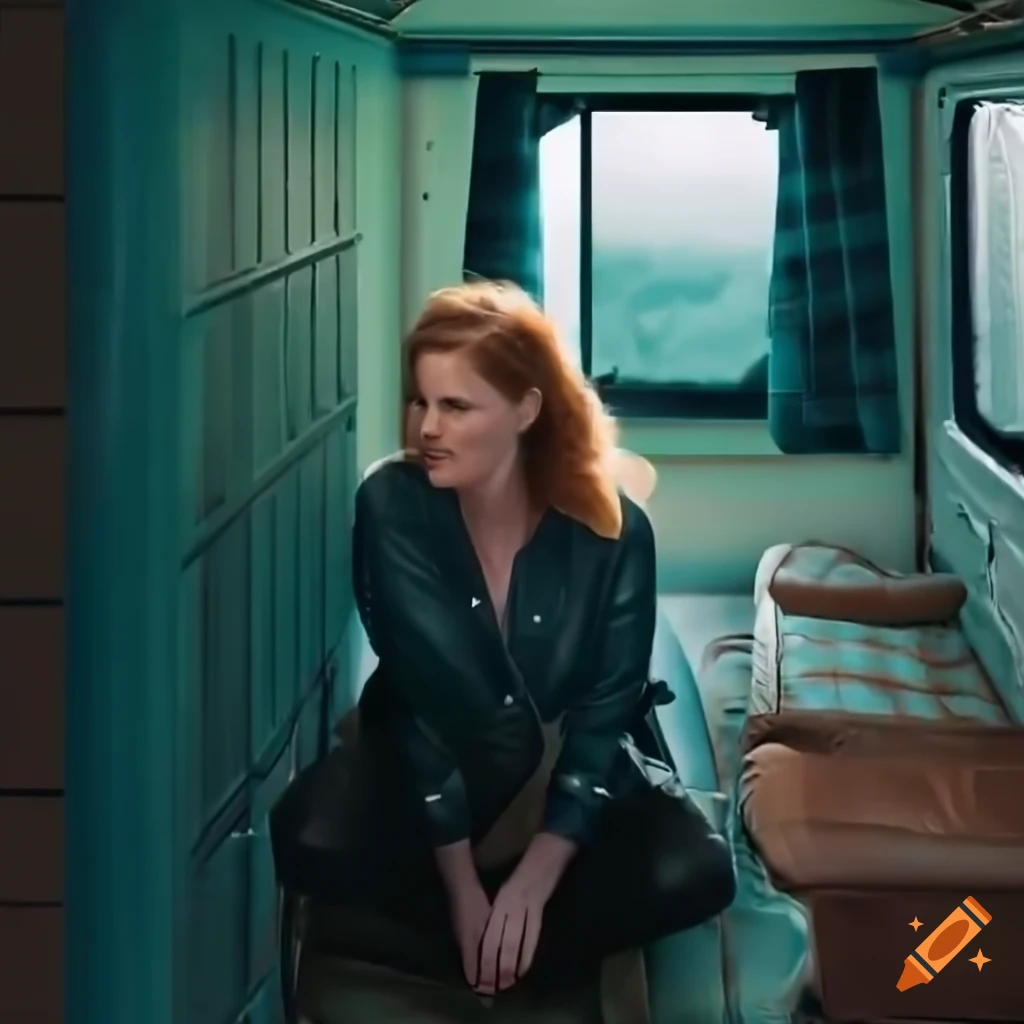 Young actress in plaid shirt and black leather trousers sitting in caravan trailer