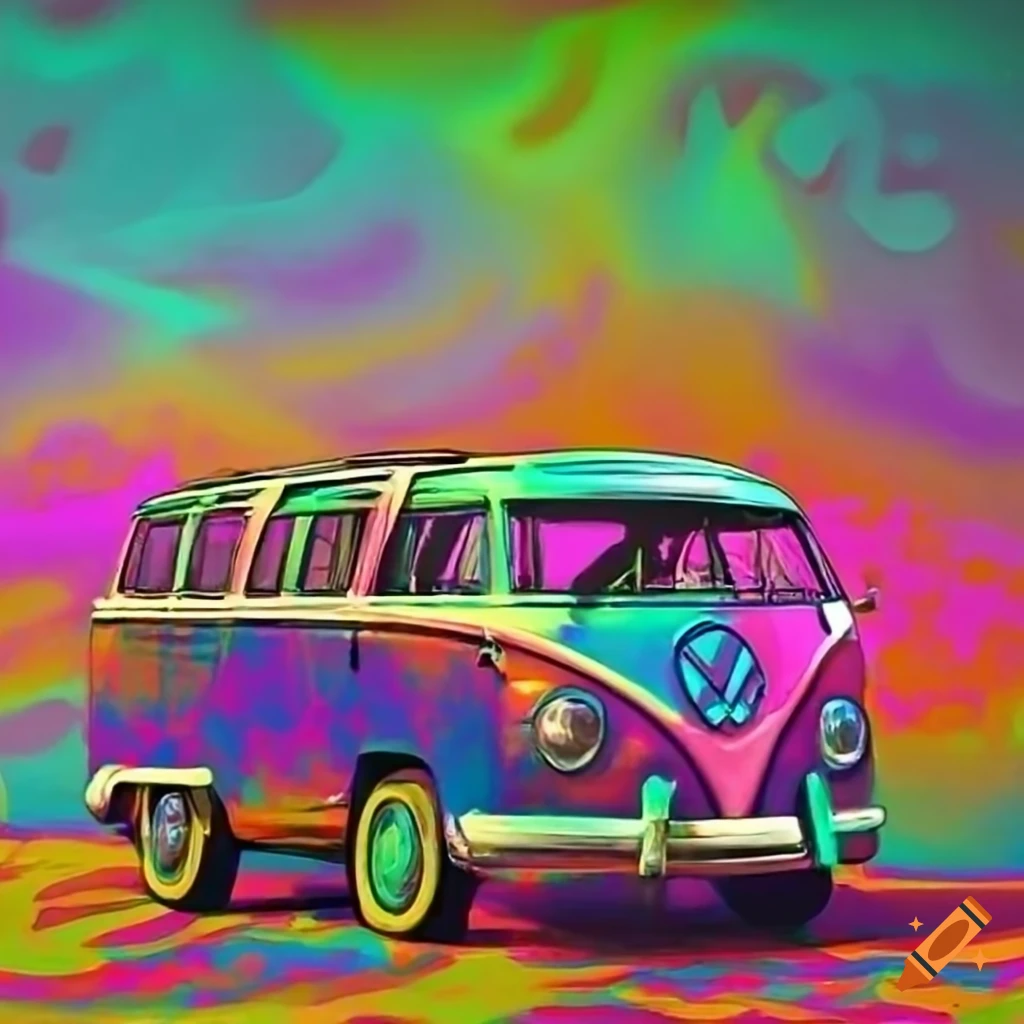 Colorful landscape with a psychedelic vw bus on Craiyon