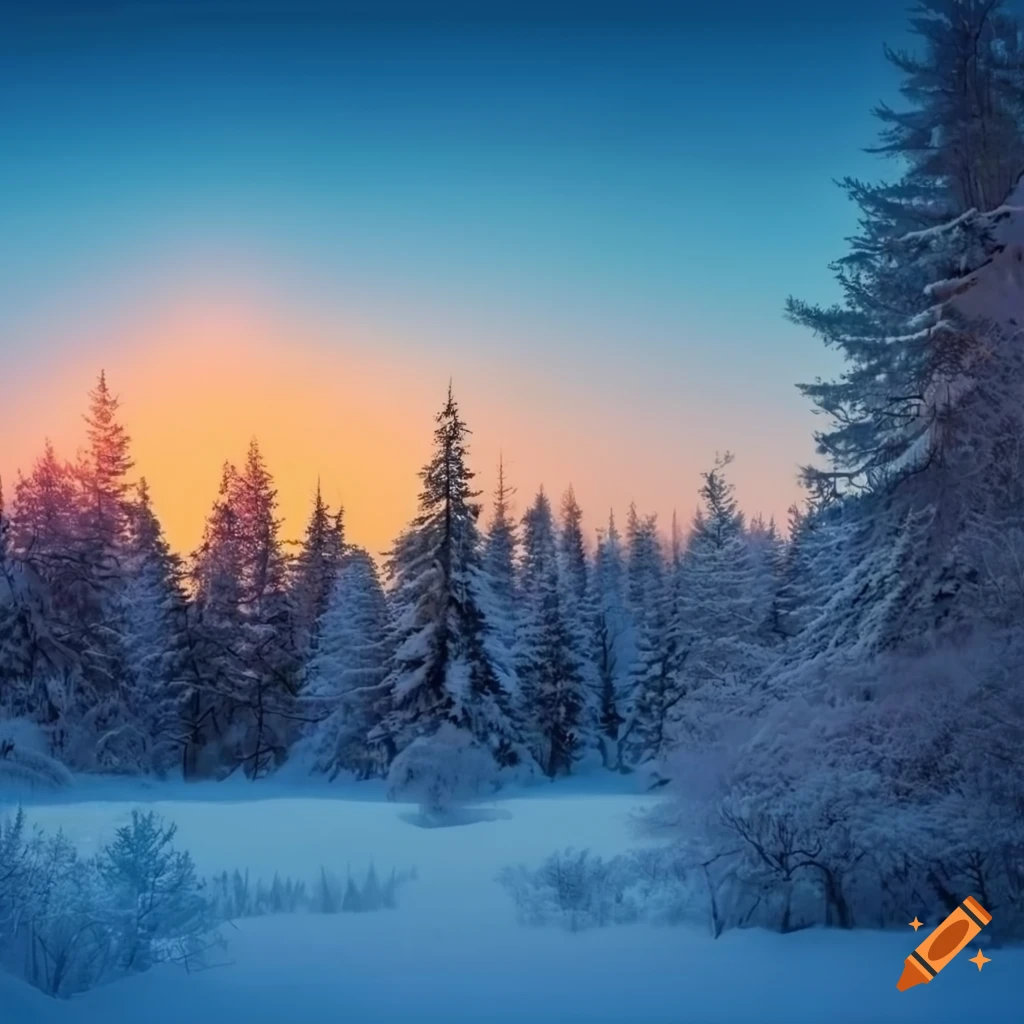 Winter forest with snow at sunset on Craiyon