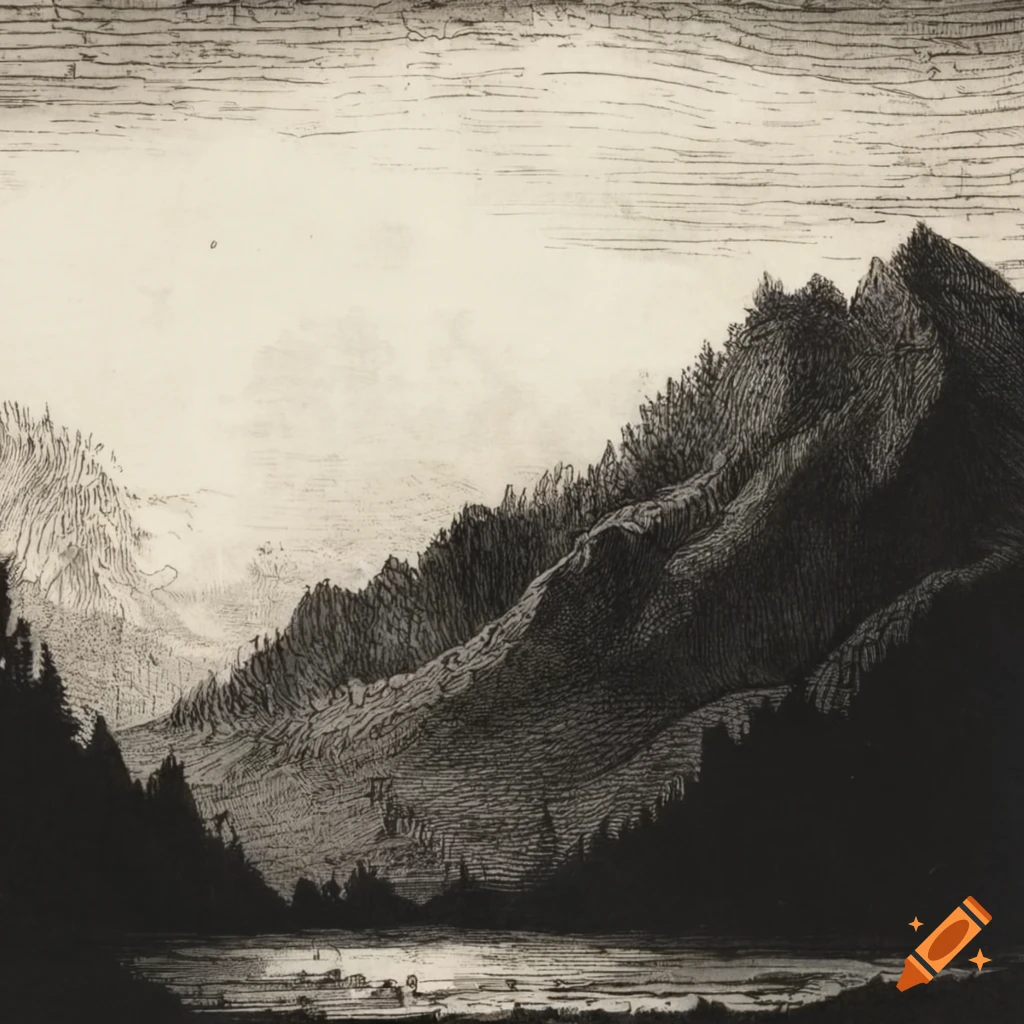 Mountain landscape by Kittelsen in black and white etching on Craiyon