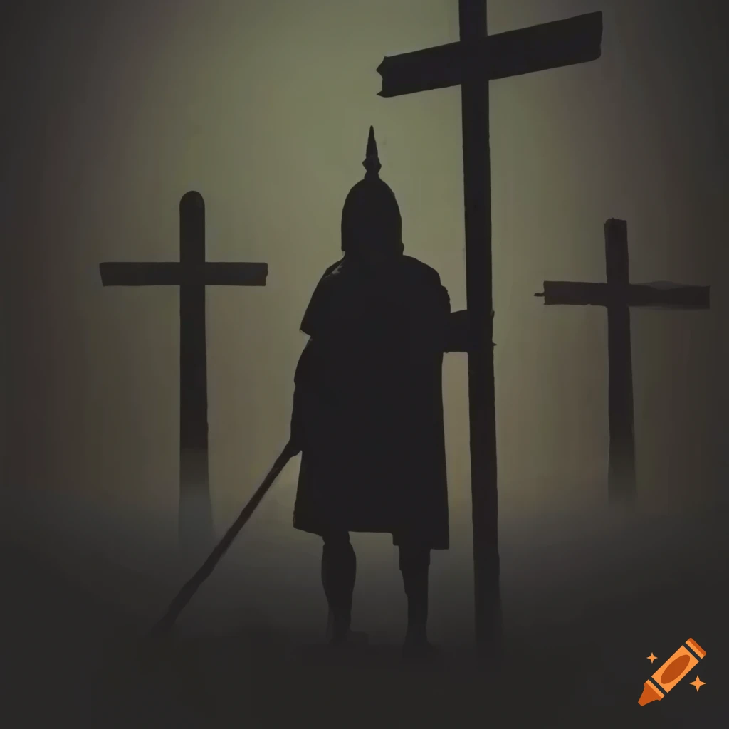 Silhouetted Roman soldier standing guard on a dark night with three crosses in the distance
