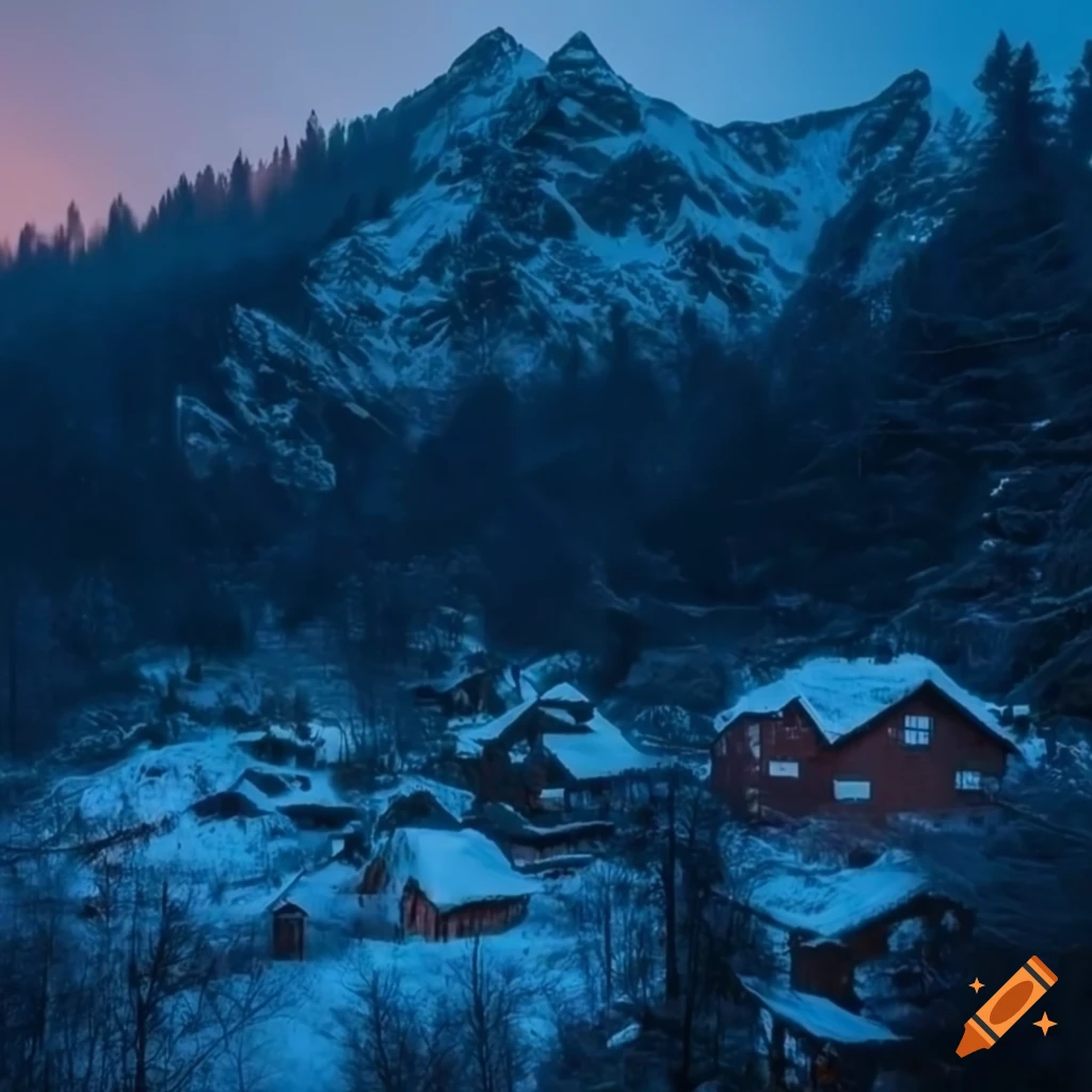 Small village at the foot of a snow-topped mountain surrounded by dark ...