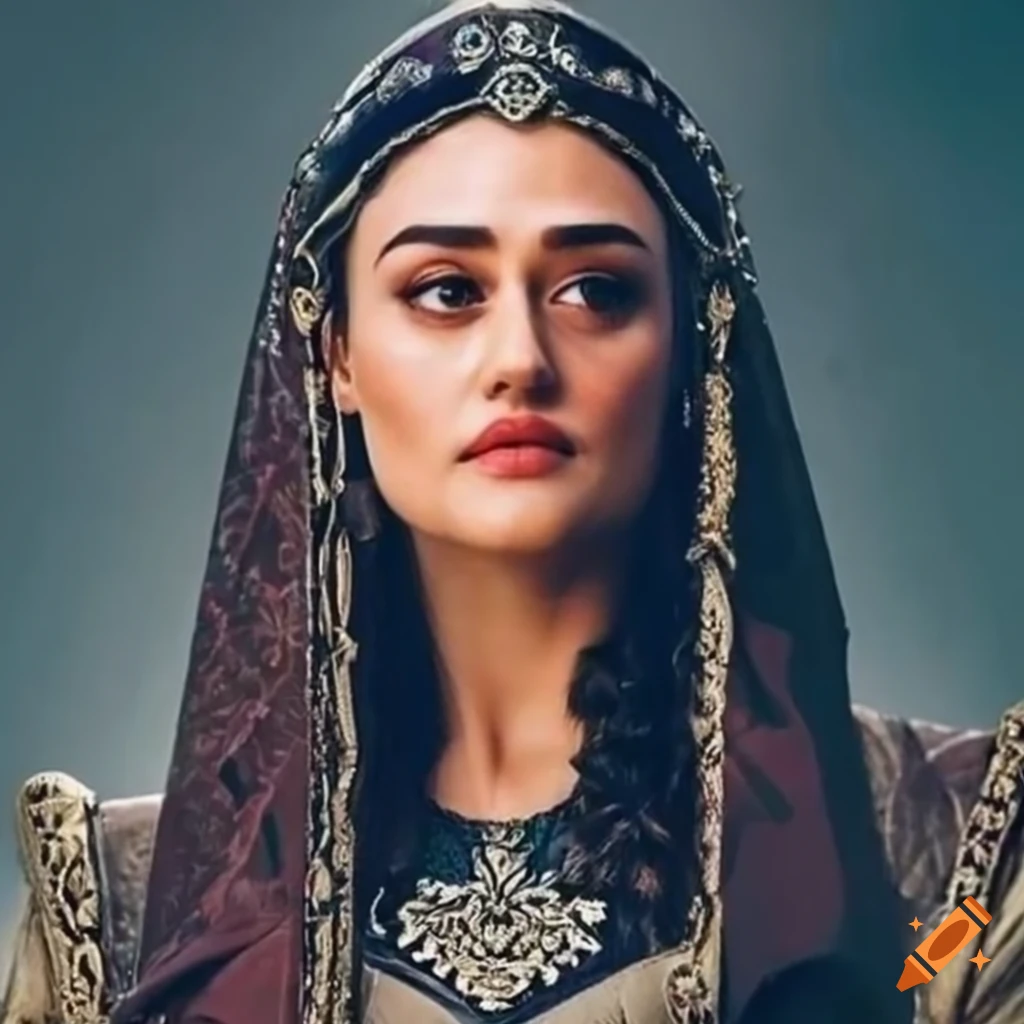 Esra Bilgic as Halime Sultan in stunning attire and posture