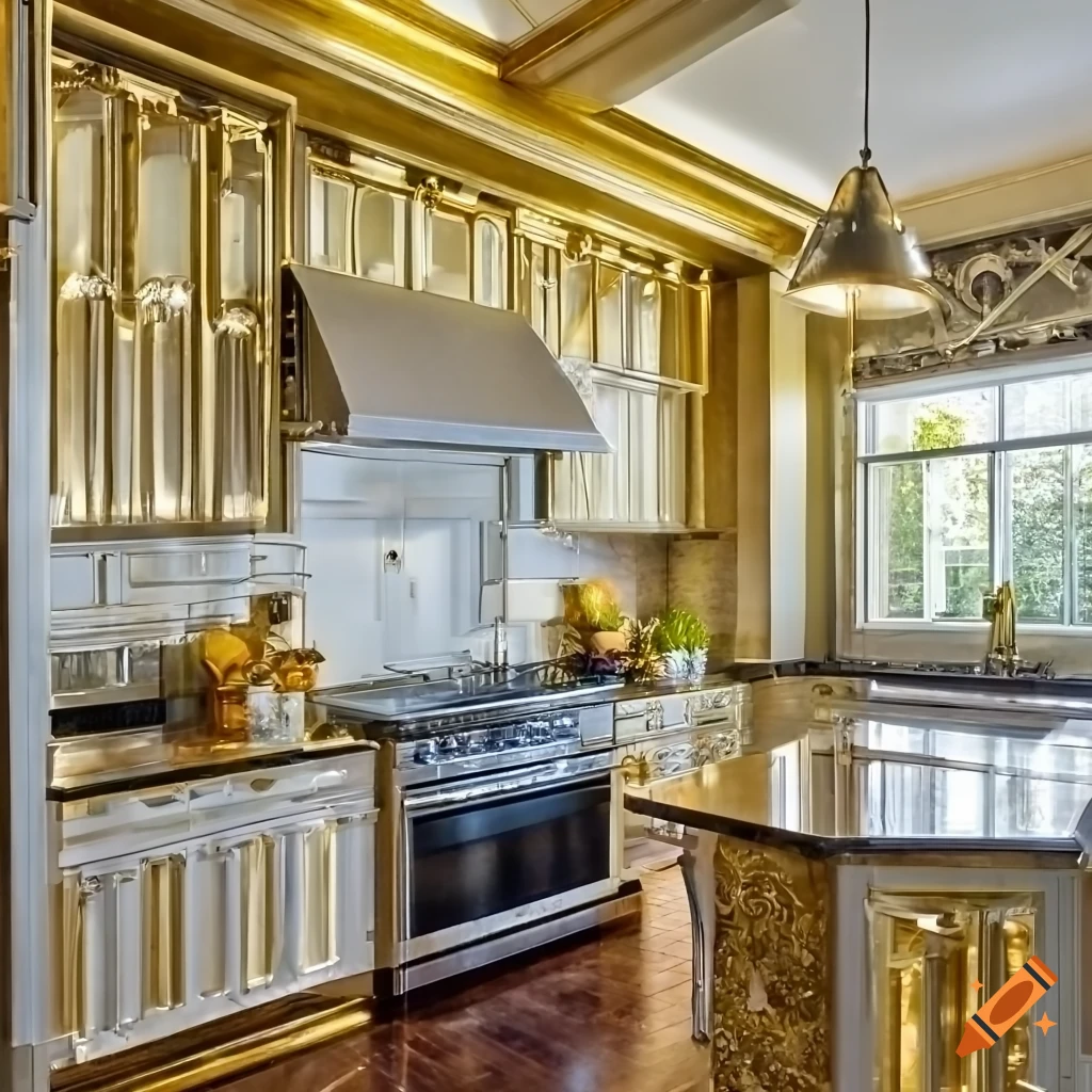 Luxurious goldthemed kitchen with golden furniture and appliances on Craiyon