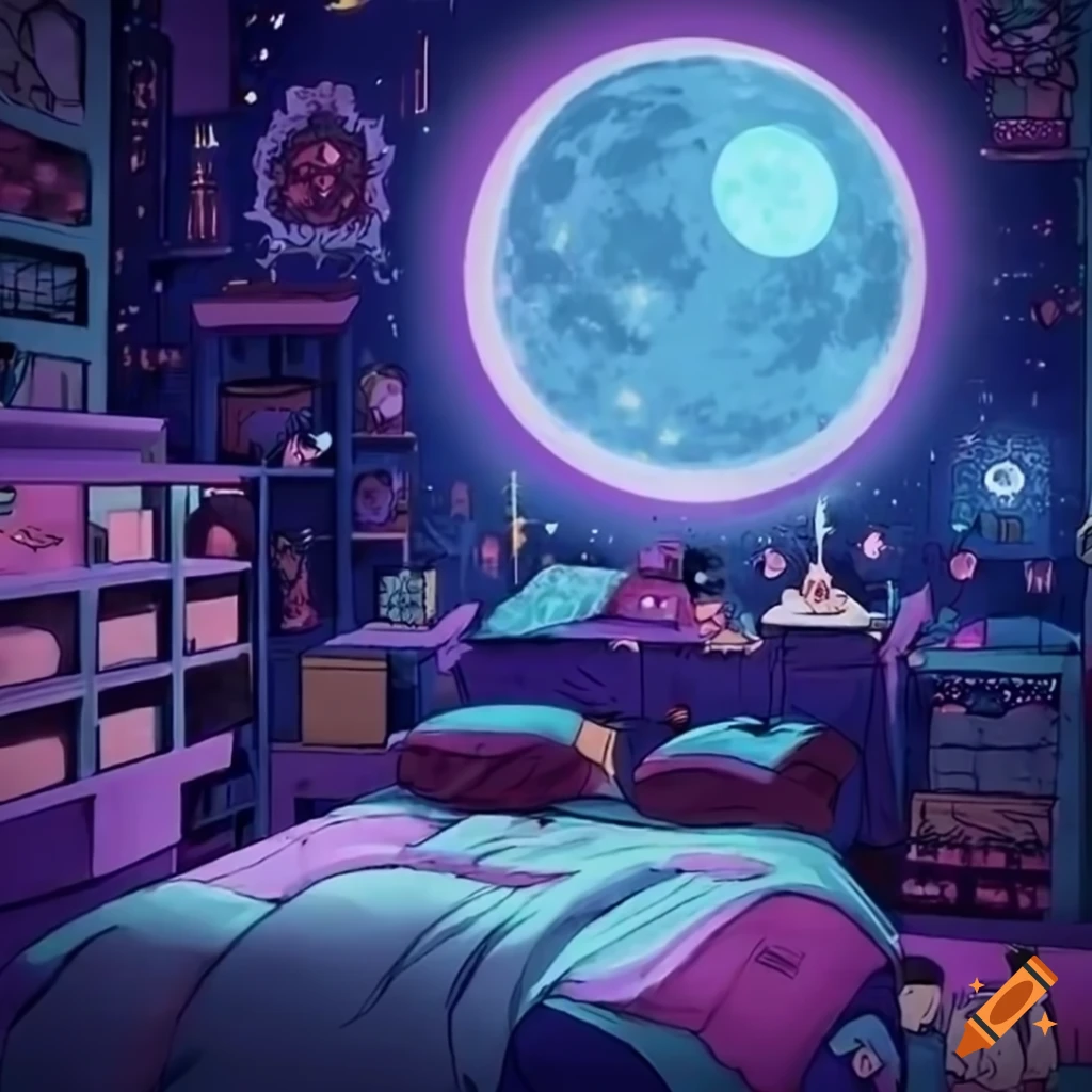 Anime lofi bedroom with a moon theme on Craiyon