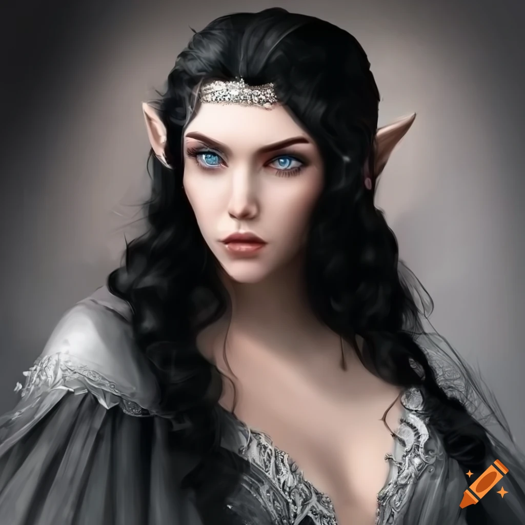 Beautiful half elven woman in a fancy silver dress on Craiyon