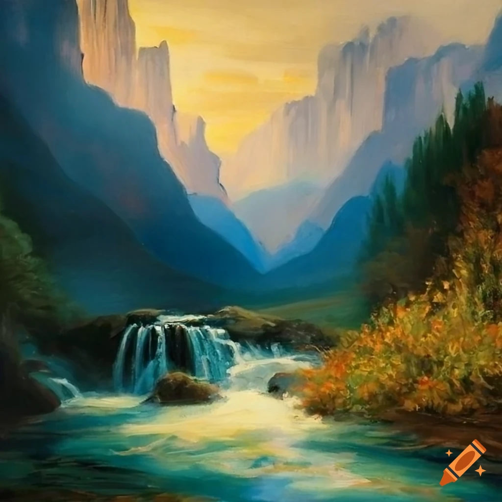 Majestic sky over verdant valley with river, waterfall, and tall cliffs ...
