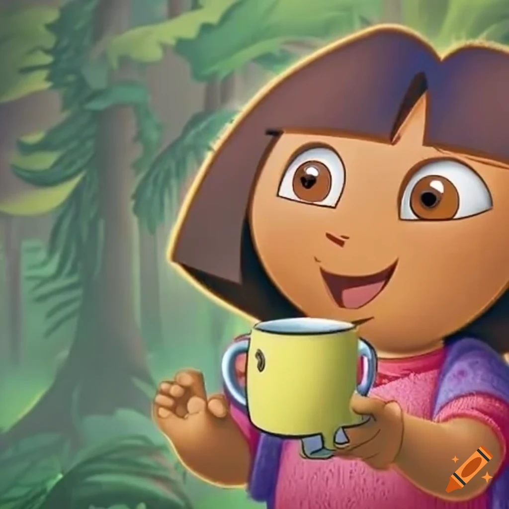 Dora the Explorer enjoying a cup of tea in a whimsical forest