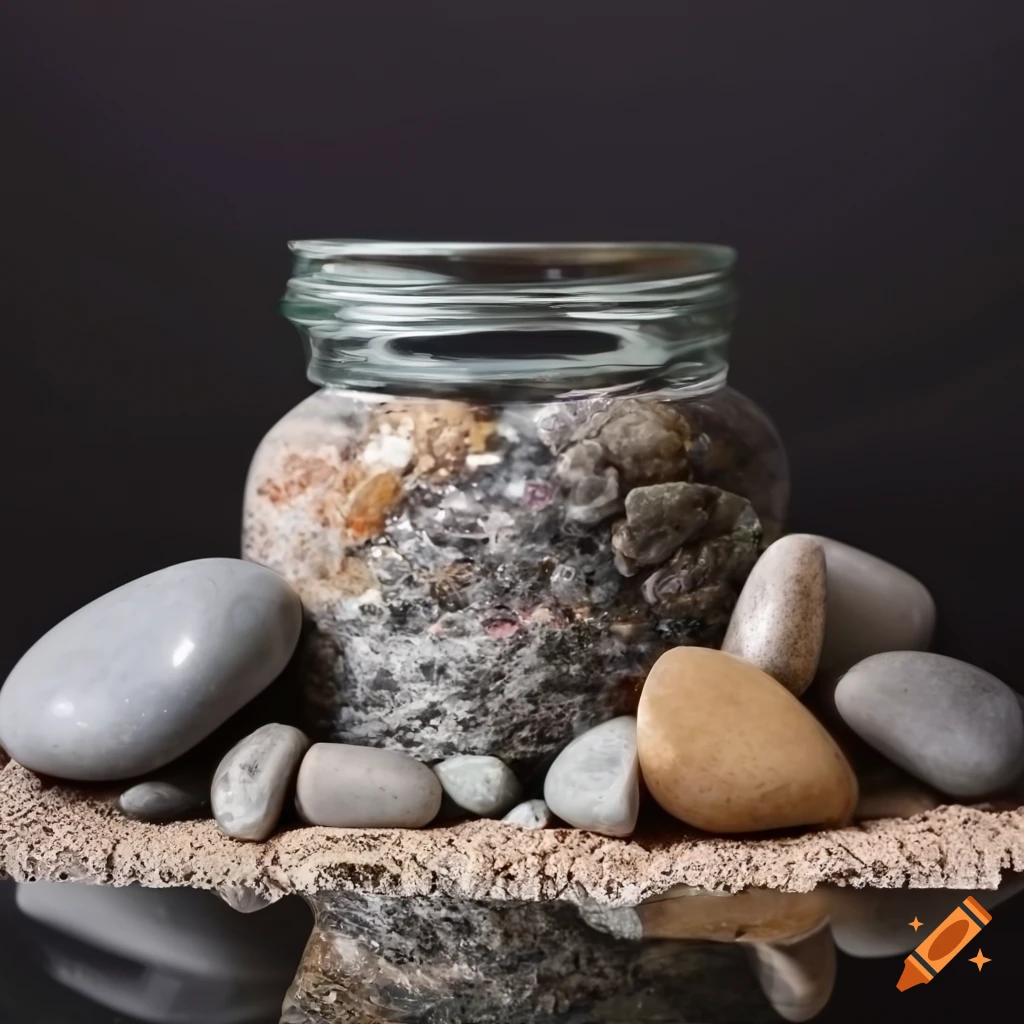 Colorful gemstones next to a glass jar filled with pebbles and sand on ...