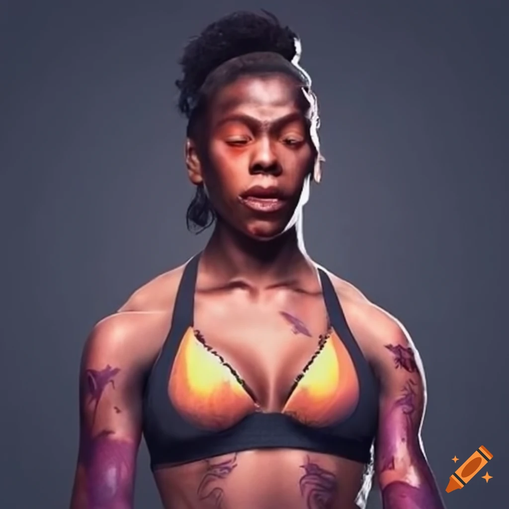 Bruised black female fighter with stunned expression