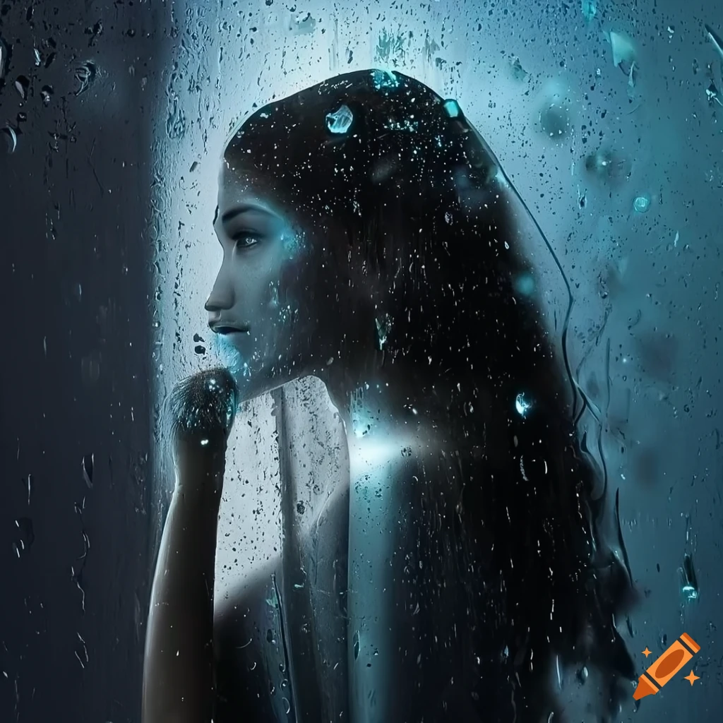 Delicate woman behind rain-covered window with dreamlike glitter
