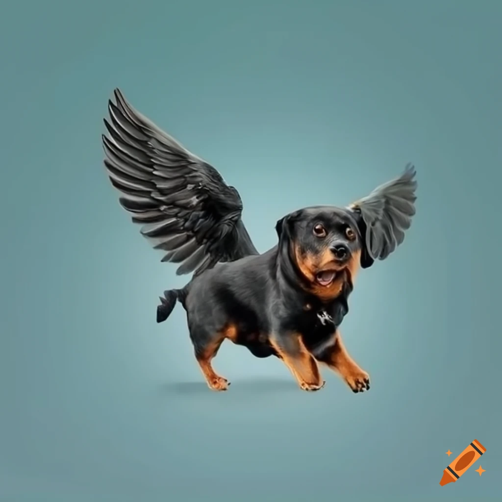 Rottweiler with wings flying in the air on Craiyon