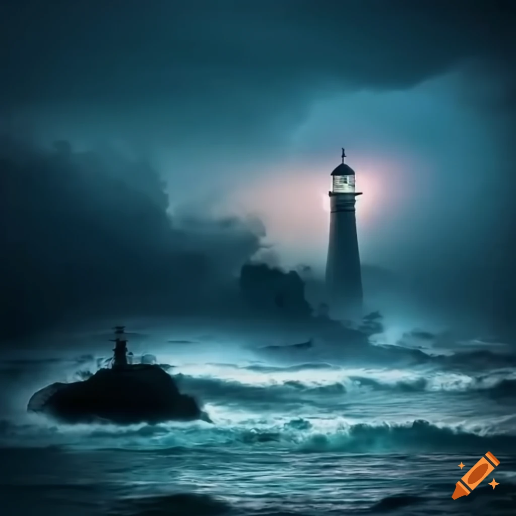 Raging storm with lighthouse and battered pirate ship under amazing night sky