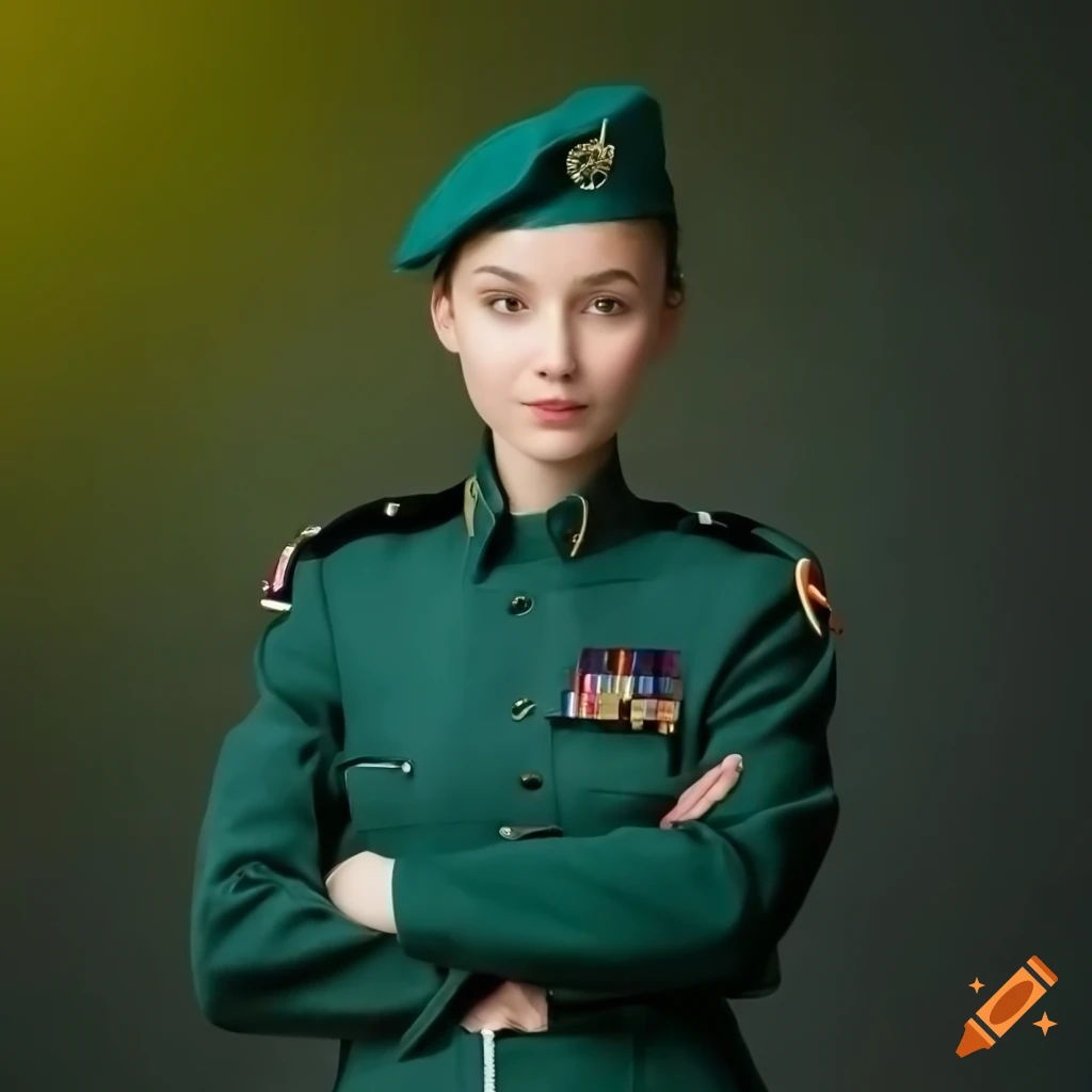 Eighteen year old female cadet in dark green military uniform with tied ...