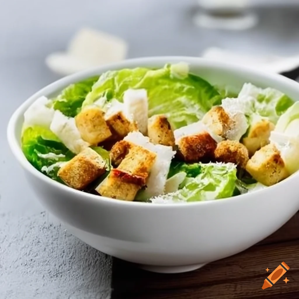 Classic Caesar salad with garlic croutons and parmesan cheese in a white bowl