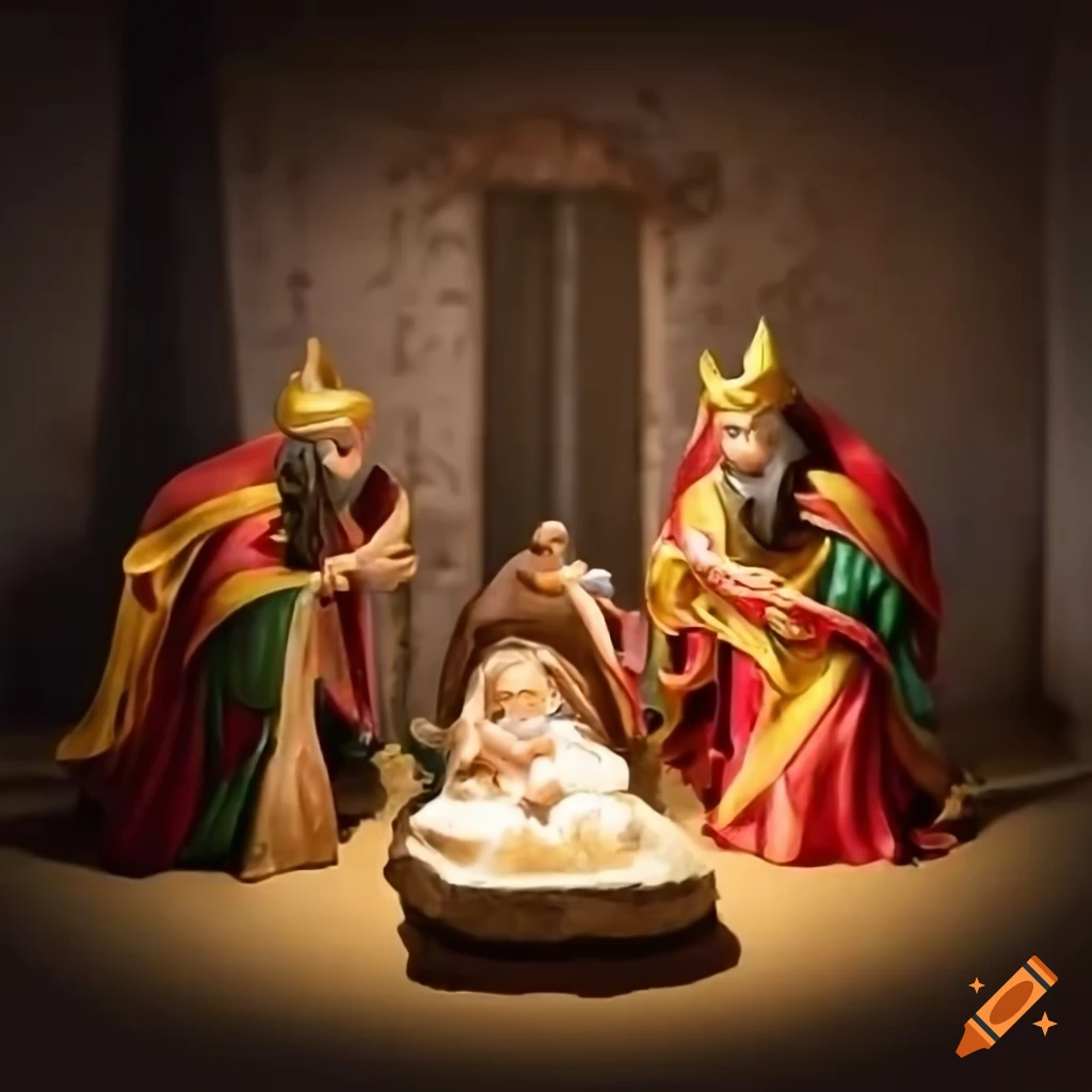 Nativity scene with the three wise men adoring baby Jesus and Spanish nationalistic decorations