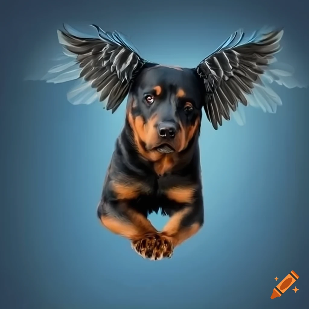 Rottweiler with wings flying in the air on Craiyon