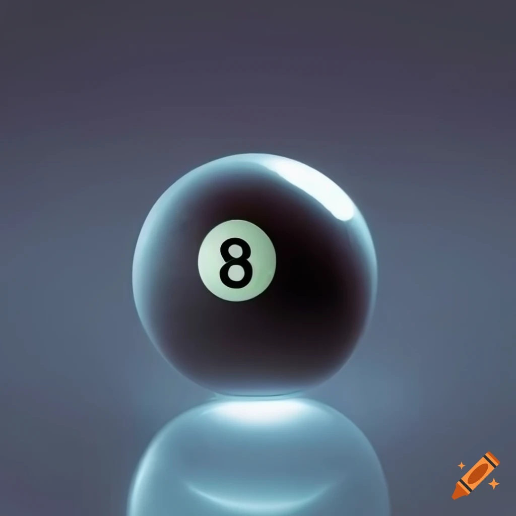 Close-up of black and white 8 ball with city reflection