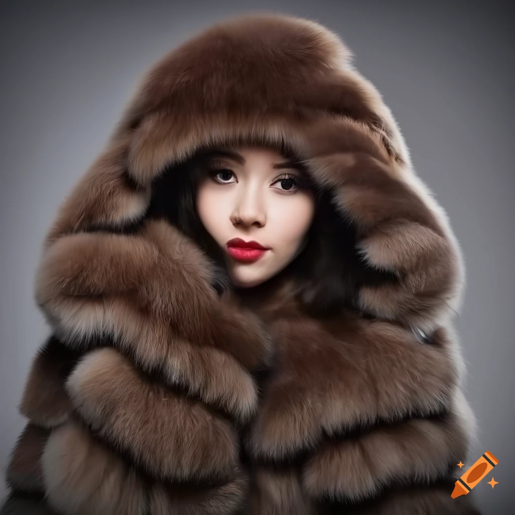 Young woman in a fluffy fur coat and mittens in a floor length portrait ...