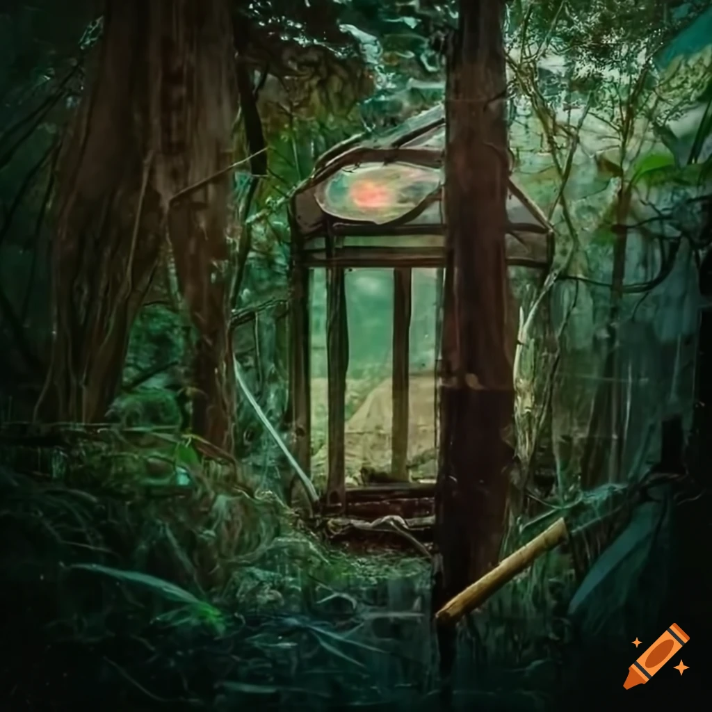 Old broken greenhouse in a dark swamp with a magical opal