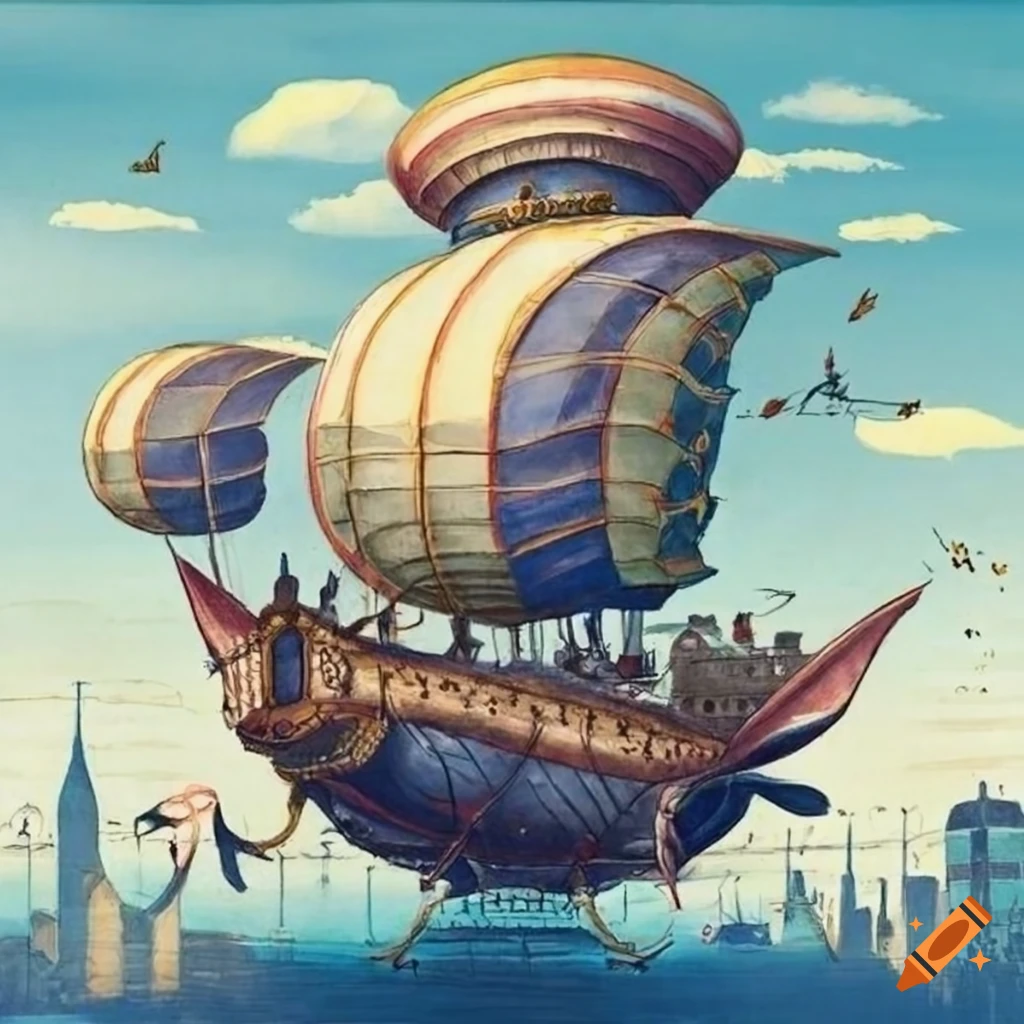 17th century style airship with dragon figurehead flying over a city