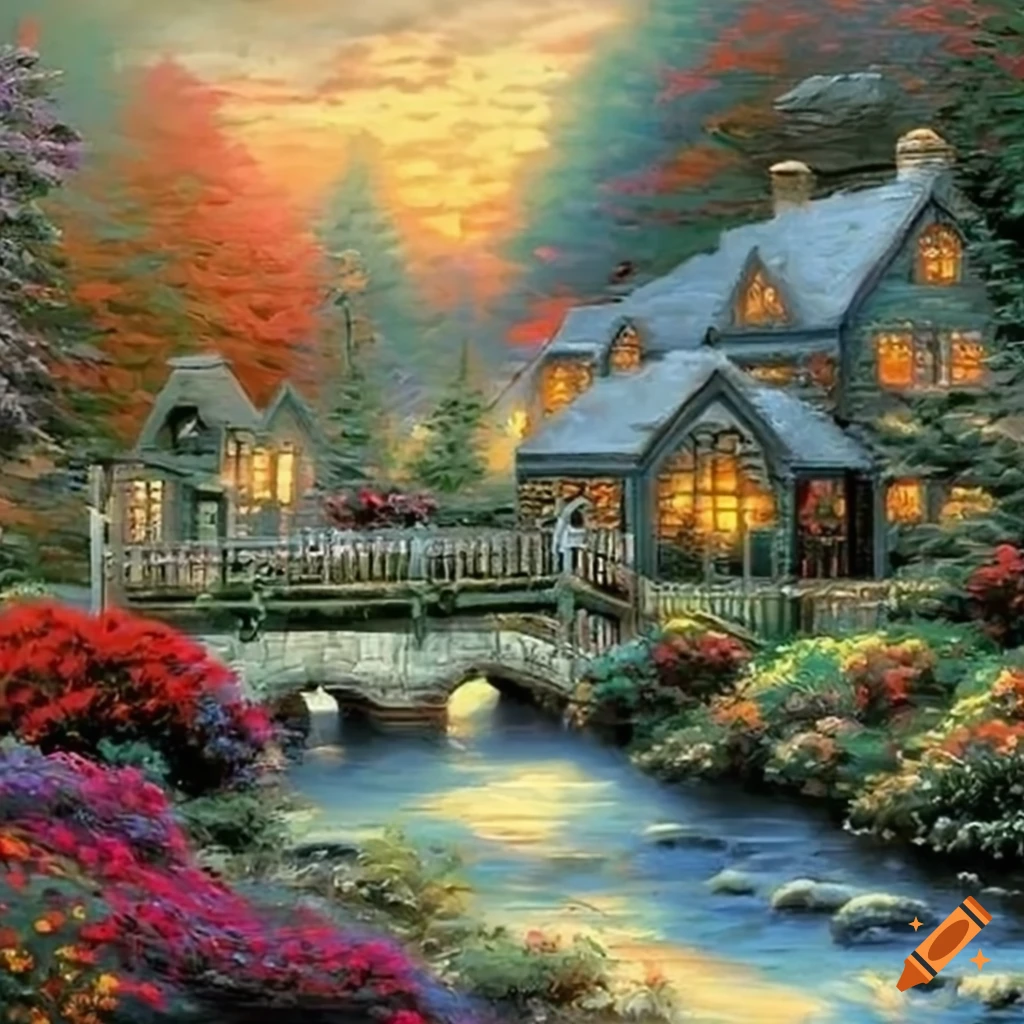 Colorful Thomas Kinkade painting of a cottage by the river with bridge and lush vegetation