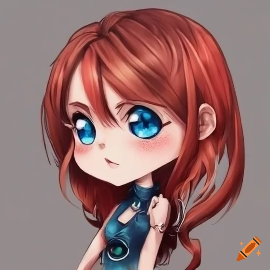 Chibi character with long red hair, blue eyes, septum piercing, and tattoos