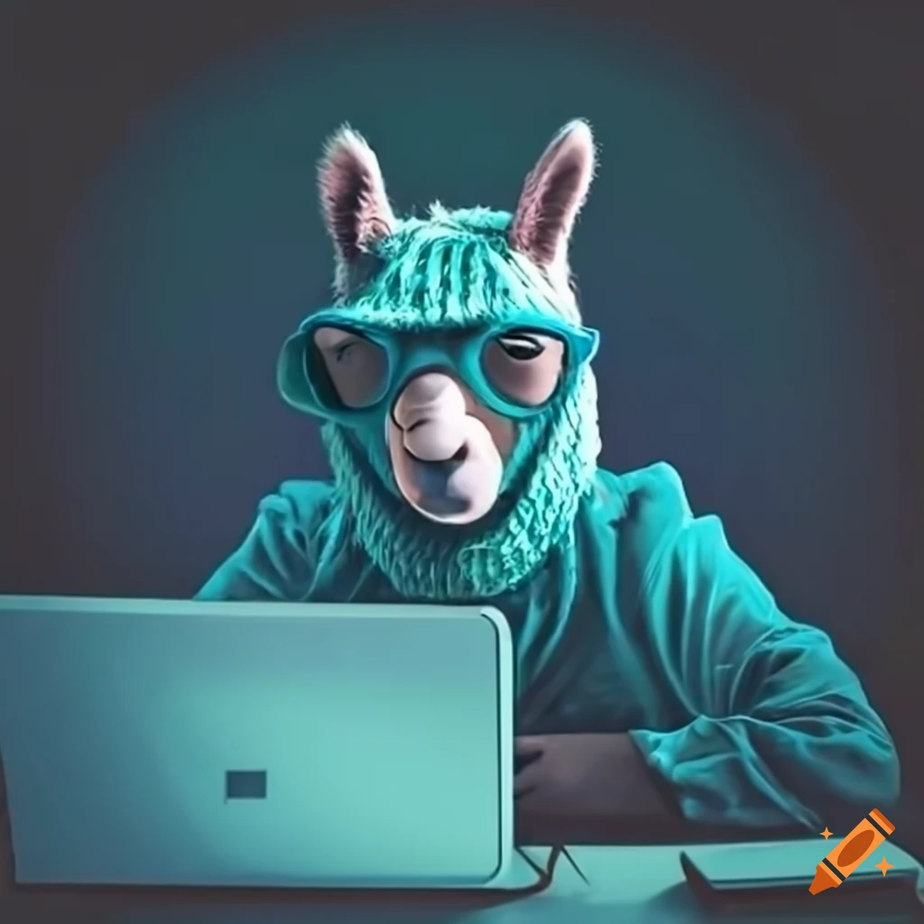 Llama computer hacker at a computer on Craiyon
