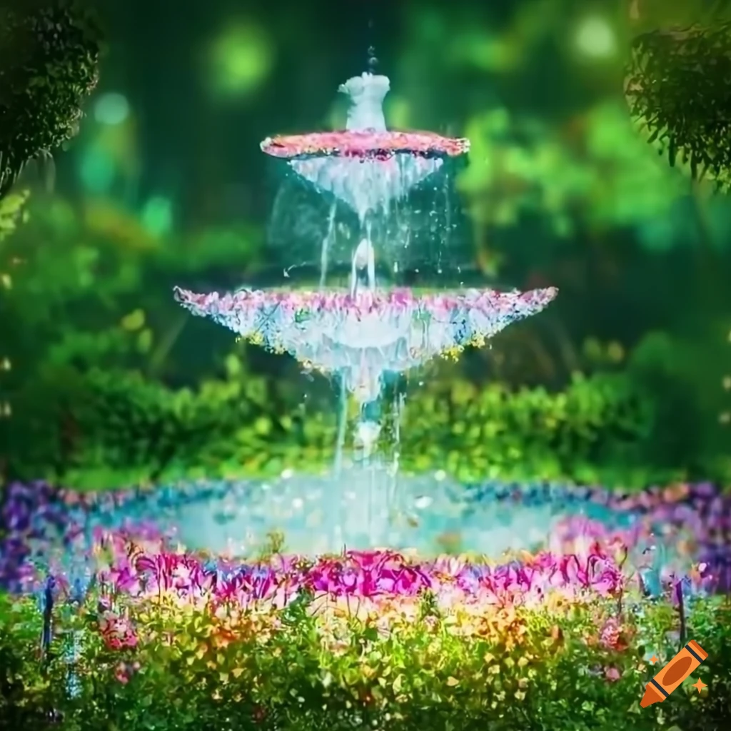 Magical fountain with colorful roses in a serene nature landscape